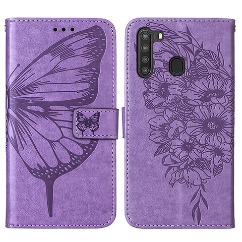 Coque Portefeuille Papillon Livre Cuir Etui Clapet Y01B pour Samsung Galaxy A21 Violet Clair