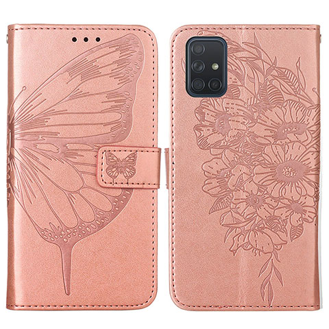 Coque Portefeuille Papillon Livre Cuir Etui Clapet Y01B pour Samsung Galaxy A51 5G Or Rose