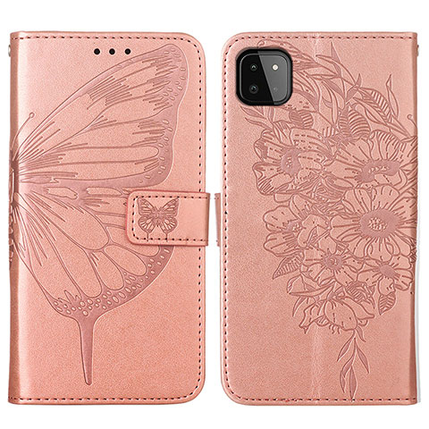 Coque Portefeuille Papillon Livre Cuir Etui Clapet Y01B pour Samsung Galaxy F42 5G Or Rose