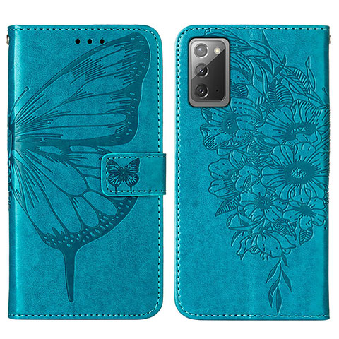 Coque Portefeuille Papillon Livre Cuir Etui Clapet Y01B pour Samsung Galaxy Note 20 5G Bleu