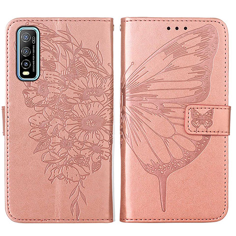 Coque Portefeuille Papillon Livre Cuir Etui Clapet Y01B pour Vivo iQOO U1 Or Rose