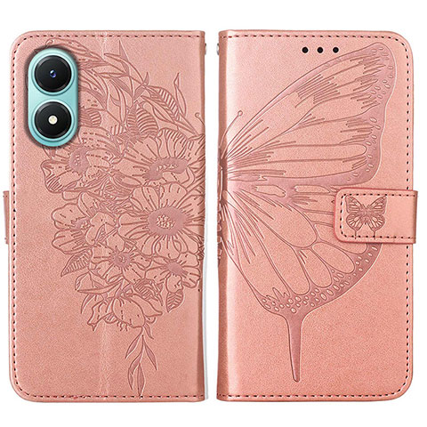 Coque Portefeuille Papillon Livre Cuir Etui Clapet Y01B pour Vivo Y02S Or Rose