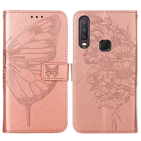 Coque Portefeuille Papillon Livre Cuir Etui Clapet Y01B pour Vivo Y12 Or Rose