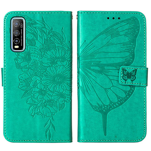 Coque Portefeuille Papillon Livre Cuir Etui Clapet Y01B pour Vivo Y50t Vert