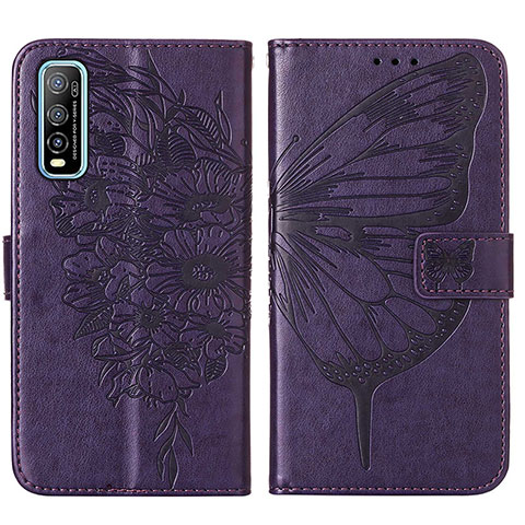 Coque Portefeuille Papillon Livre Cuir Etui Clapet Y01B pour Vivo Y50t Violet