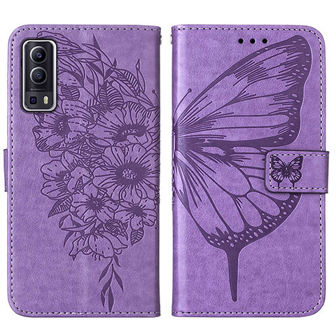 Coque Portefeuille Papillon Livre Cuir Etui Clapet Y01B pour Vivo Y72 5G Violet Clair