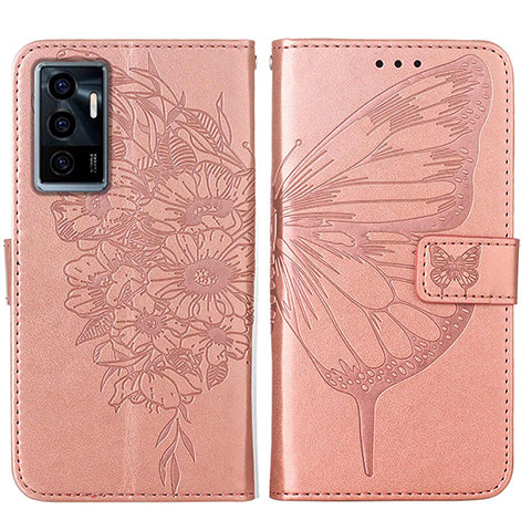 Coque Portefeuille Papillon Livre Cuir Etui Clapet Y01B pour Vivo Y75 4G Or Rose