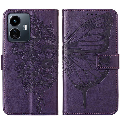 Coque Portefeuille Papillon Livre Cuir Etui Clapet Y01B pour Vivo Y77e 5G Violet