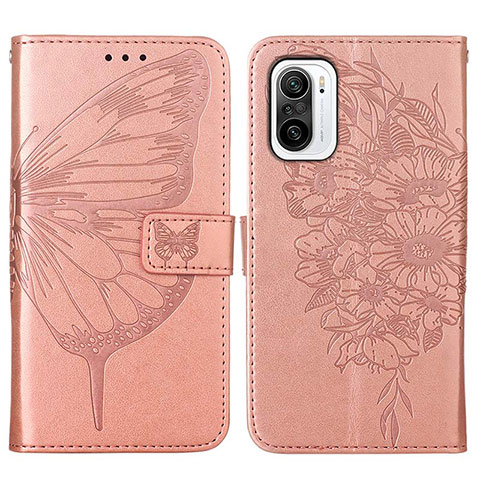 Coque Portefeuille Papillon Livre Cuir Etui Clapet Y01B pour Xiaomi Redmi K40 5G Or Rose