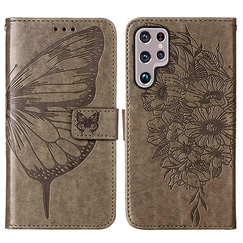 Coque Portefeuille Papillon Livre Cuir Etui Clapet Y06B pour Samsung Galaxy S22 Ultra 5G Bronze