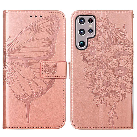 Coque Portefeuille Papillon Livre Cuir Etui Clapet Y06B pour Samsung Galaxy S24 Ultra 5G Or Rose