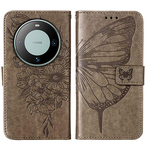 Coque Portefeuille Papillon Livre Cuir Etui Clapet YB2 pour Huawei Mate 60 Gris