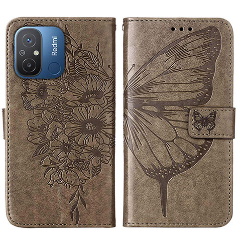 Coque Portefeuille Papillon Livre Cuir Etui Clapet YB2 pour Xiaomi Redmi 12C 4G Gris