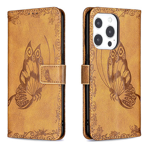 Coque Portefeuille Papillon Livre Cuir Etui Clapet Z01 pour Apple iPhone 14 Pro Marron