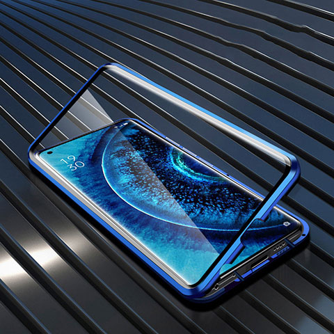 Coque Rebord Bumper Luxe Aluminum Metal Miroir 360 Degres Housse Etui Aimant A01 pour Oppo Find X2 Pro Bleu