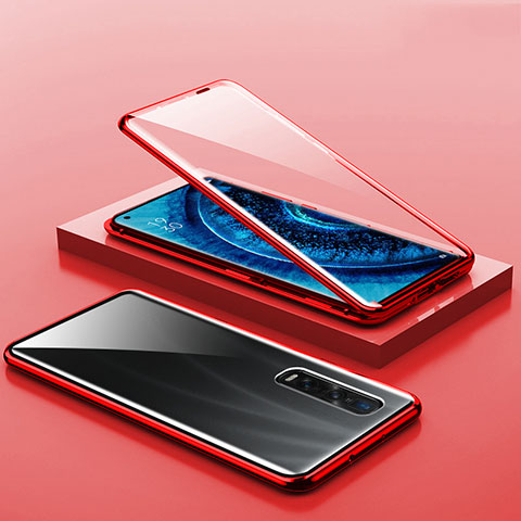 Coque Rebord Bumper Luxe Aluminum Metal Miroir 360 Degres Housse Etui Aimant A02 pour Oppo Find X2 Pro Rouge