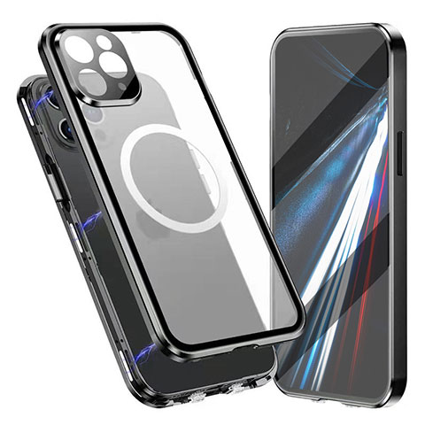 Coque Rebord Bumper Luxe Aluminum Metal Miroir 360 Degres Housse Etui Aimant avec Mag-Safe Magnetic Magnetique pour Apple iPhone 14 Pro Max Noir