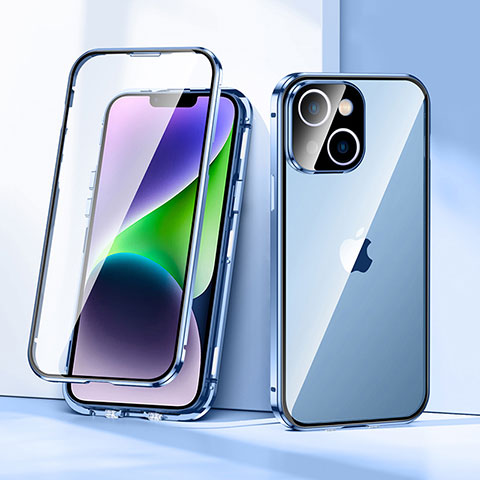 Coque Rebord Bumper Luxe Aluminum Metal Miroir 360 Degres Housse Etui Aimant LK1 pour Apple iPhone 14 Bleu