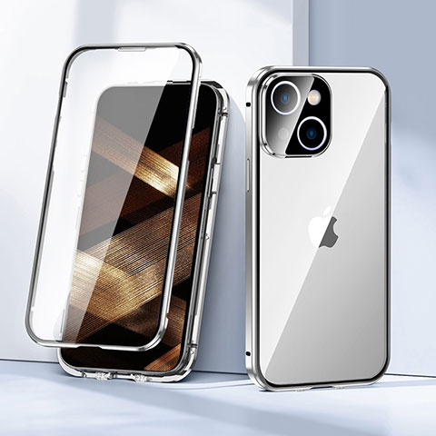 Coque Rebord Bumper Luxe Aluminum Metal Miroir 360 Degres Housse Etui Aimant LK1 pour Apple iPhone 15 Argent