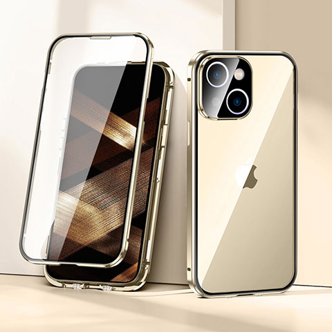 Coque Rebord Bumper Luxe Aluminum Metal Miroir 360 Degres Housse Etui Aimant LK1 pour Apple iPhone 15 Or