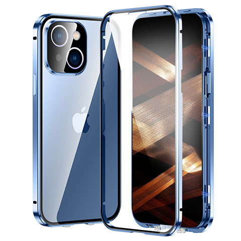 Coque Rebord Bumper Luxe Aluminum Metal Miroir 360 Degres Housse Etui Aimant LK2 pour Apple iPhone 15 Bleu