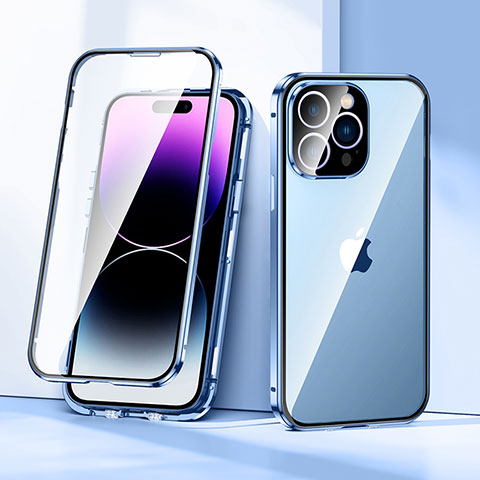 Coque Rebord Bumper Luxe Aluminum Metal Miroir 360 Degres Housse Etui Aimant LK2 pour Apple iPhone 16 Pro Bleu