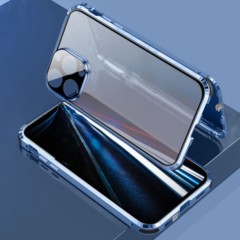 Coque Rebord Bumper Luxe Aluminum Metal Miroir 360 Degres Housse Etui Aimant LK3 pour Apple iPhone 13 Pro Bleu