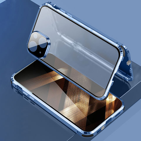 Coque Rebord Bumper Luxe Aluminum Metal Miroir 360 Degres Housse Etui Aimant LK3 pour Apple iPhone 15 Bleu