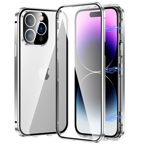 Coque Rebord Bumper Luxe Aluminum Metal Miroir 360 Degres Housse Etui Aimant LO1 pour Apple iPhone 14 Pro Max Argent