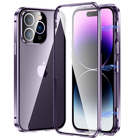 Coque Rebord Bumper Luxe Aluminum Metal Miroir 360 Degres Housse Etui Aimant LO1 pour Apple iPhone 14 Pro Violet