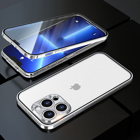 Coque Rebord Bumper Luxe Aluminum Metal Miroir 360 Degres Housse Etui Aimant M01 pour Apple iPhone 13 Pro Argent