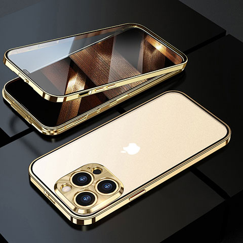 Coque Rebord Bumper Luxe Aluminum Metal Miroir 360 Degres Housse Etui Aimant M01 pour Apple iPhone 14 Pro Max Or