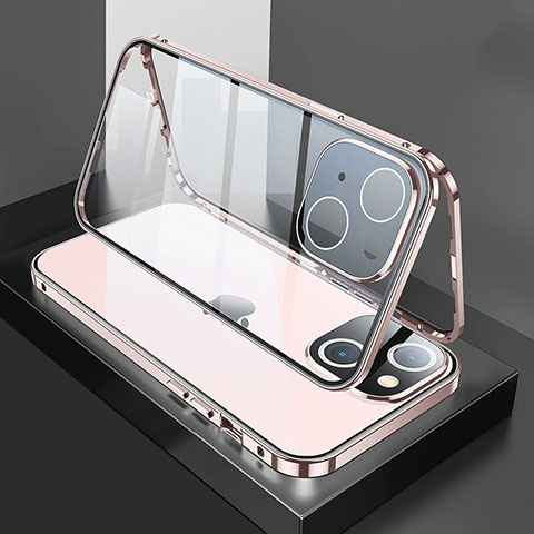 Coque Rebord Bumper Luxe Aluminum Metal Miroir 360 Degres Housse Etui Aimant M01 pour Apple iPhone 15 Or Rose