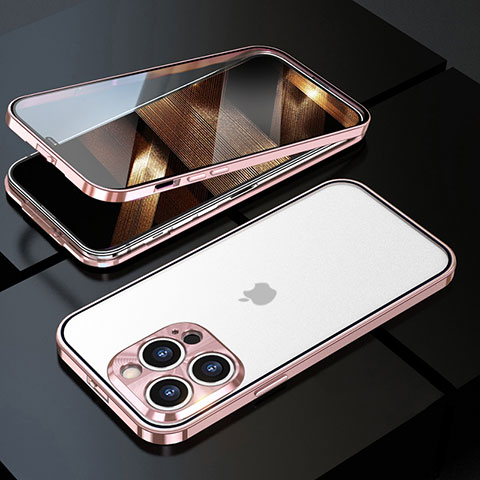 Coque Rebord Bumper Luxe Aluminum Metal Miroir 360 Degres Housse Etui Aimant M01 pour Apple iPhone 16 Pro Or Rose