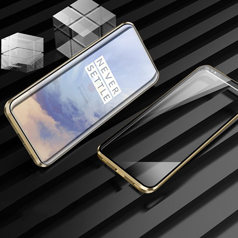 Coque Rebord Bumper Luxe Aluminum Metal Miroir 360 Degres Housse Etui Aimant M01 pour OnePlus 7T Pro 5G Or