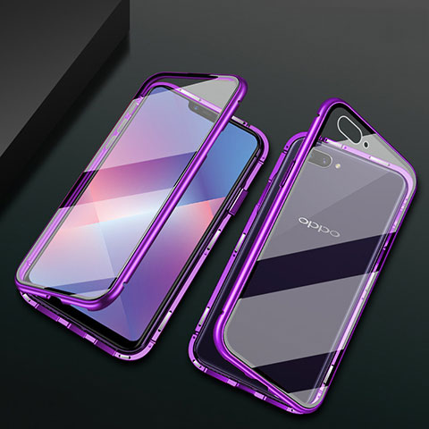 Coque Rebord Bumper Luxe Aluminum Metal Miroir 360 Degres Housse Etui Aimant M01 pour Oppo A5 Violet