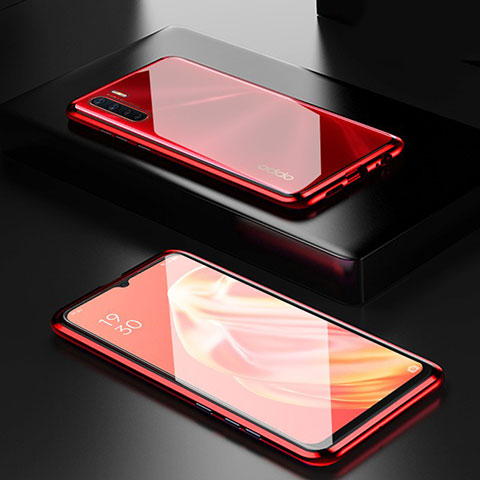 Coque Rebord Bumper Luxe Aluminum Metal Miroir 360 Degres Housse Etui Aimant M01 pour Oppo A91 Rouge