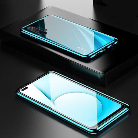 Coque Rebord Bumper Luxe Aluminum Metal Miroir 360 Degres Housse Etui Aimant M01 pour Realme X50 5G Cyan