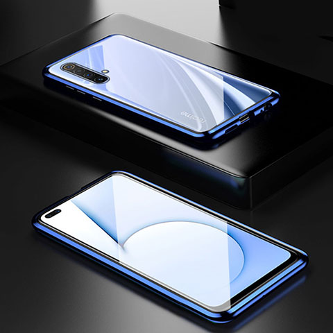 Coque Rebord Bumper Luxe Aluminum Metal Miroir 360 Degres Housse Etui Aimant M01 pour Realme X50m 5G Bleu