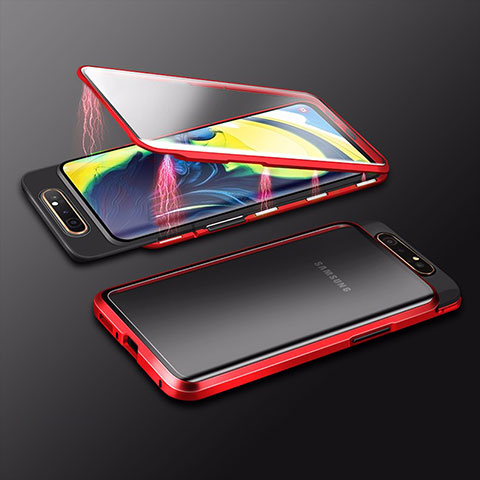 Coque Rebord Bumper Luxe Aluminum Metal Miroir 360 Degres Housse Etui Aimant M01 pour Samsung Galaxy A80 Rouge