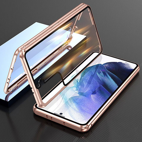 Coque Rebord Bumper Luxe Aluminum Metal Miroir 360 Degres Housse Etui Aimant M01 pour Samsung Galaxy S22 5G Or