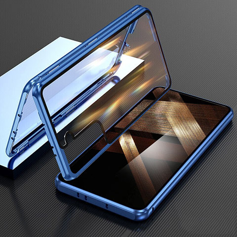 Coque Rebord Bumper Luxe Aluminum Metal Miroir 360 Degres Housse Etui Aimant M01 pour Samsung Galaxy S25 5G Bleu