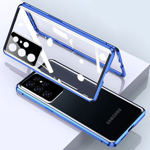 Coque Rebord Bumper Luxe Aluminum Metal Miroir 360 Degres Housse Etui Aimant M01 pour Samsung Galaxy S25 Ultra 5G Bleu