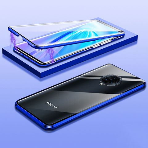 Coque Rebord Bumper Luxe Aluminum Metal Miroir 360 Degres Housse Etui Aimant M01 pour Vivo Nex 3 5G Bleu