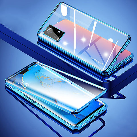 Coque Rebord Bumper Luxe Aluminum Metal Miroir 360 Degres Housse Etui Aimant M01 pour Vivo V20 Pro 5G Bleu