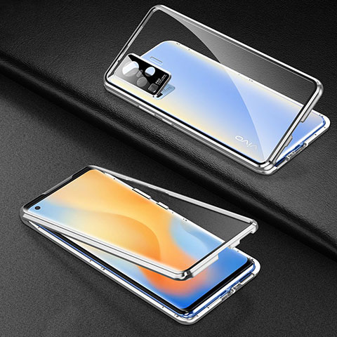 Coque Rebord Bumper Luxe Aluminum Metal Miroir 360 Degres Housse Etui Aimant M01 pour Vivo X50 Pro 5G Argent