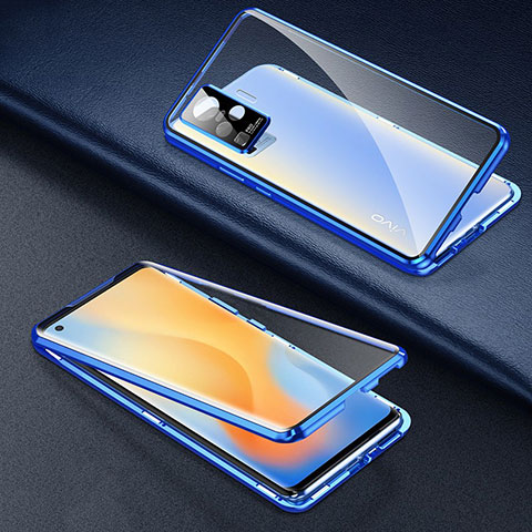 Coque Rebord Bumper Luxe Aluminum Metal Miroir 360 Degres Housse Etui Aimant M01 pour Vivo X50 Pro 5G Bleu