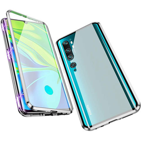 Coque Rebord Bumper Luxe Aluminum Metal Miroir 360 Degres Housse Etui Aimant M01 pour Xiaomi Mi Note 10 Pro Argent