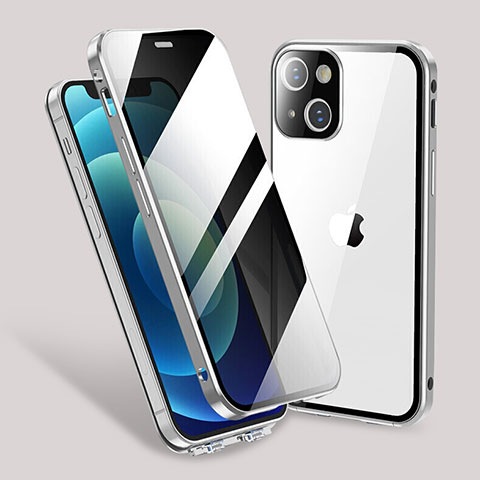 Coque Rebord Bumper Luxe Aluminum Metal Miroir 360 Degres Housse Etui Aimant M02 pour Apple iPhone 13 Argent