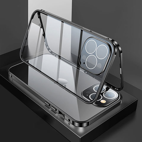 Coque Rebord Bumper Luxe Aluminum Metal Miroir 360 Degres Housse Etui Aimant M02 pour Apple iPhone 14 Pro Noir